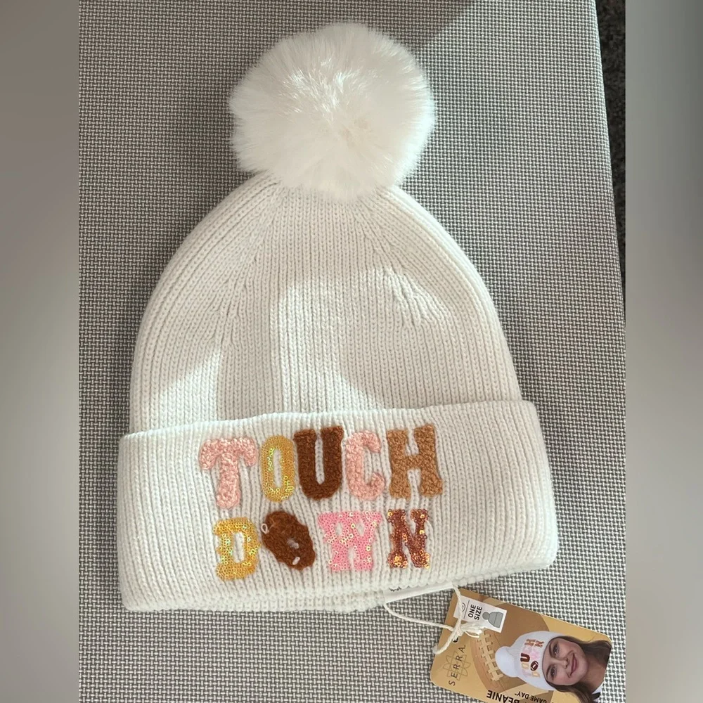 Game Day knit hat/ beanie for football fans. Faux fur pompon, embroidery. White.